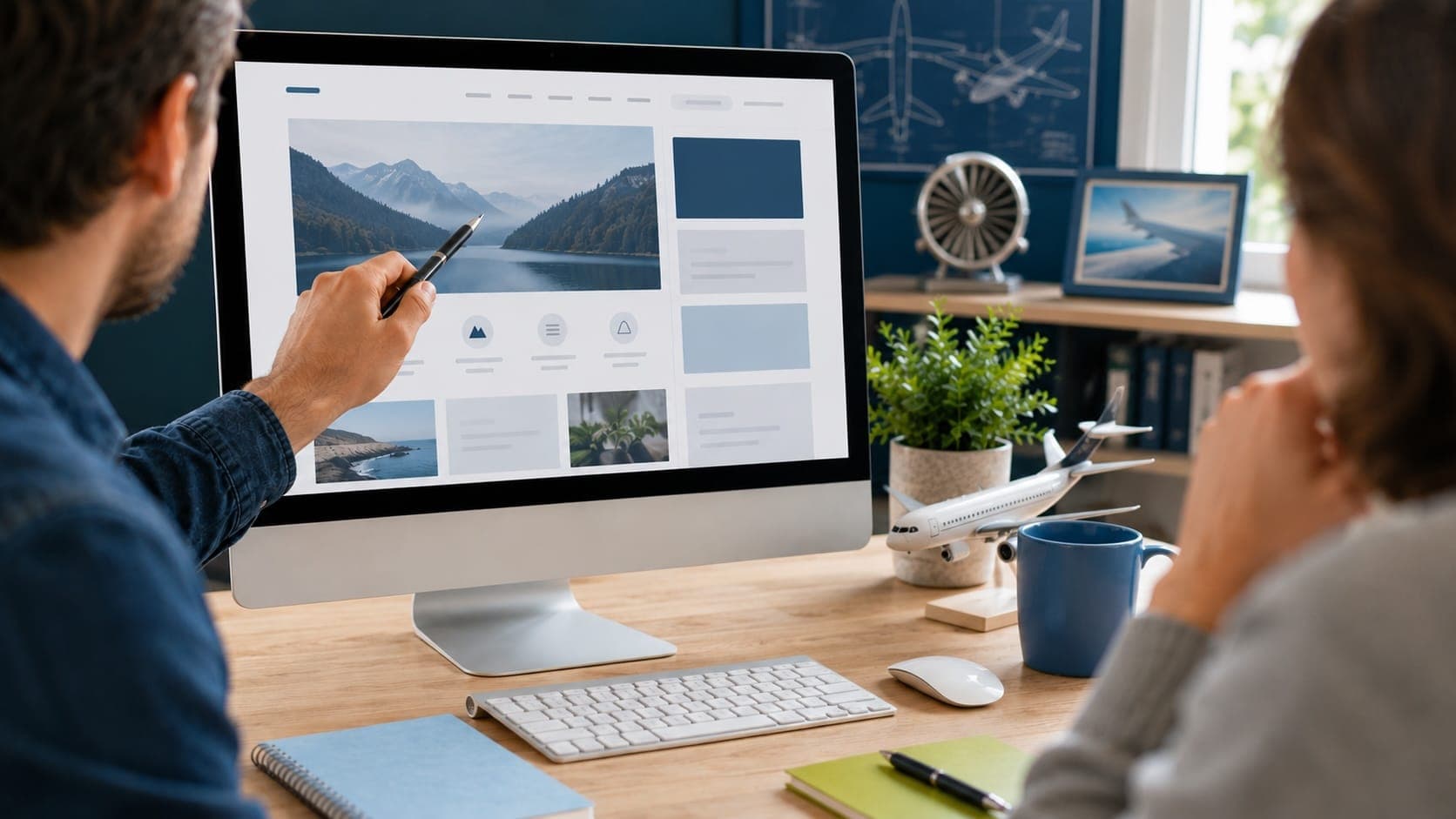 freelance webmaster expliquant la maquette d'un site à son client