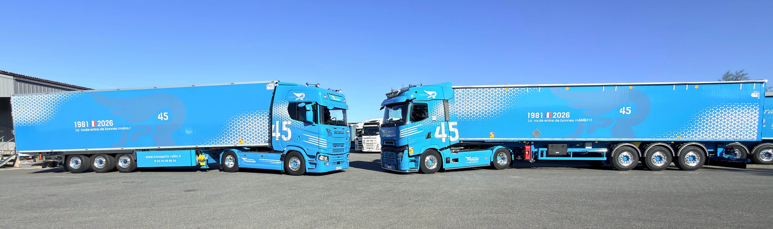 Covering 45 ans Transports Rollin décliné sur deux camions de la flotte